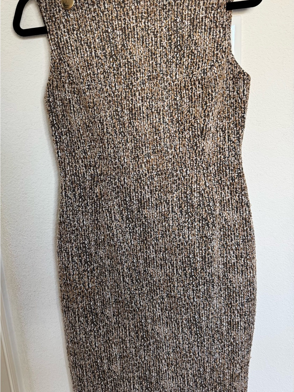 Calvin Klein Tweed Sheath Dress Size 6 Gold Buttons Exposed Zip Brown Black